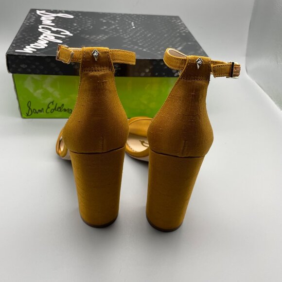 Sam Edelman Sz 10 Mustard Yellow Strappy Block Yaro Heel Satin Wedding Guest - Picture 5 of 9